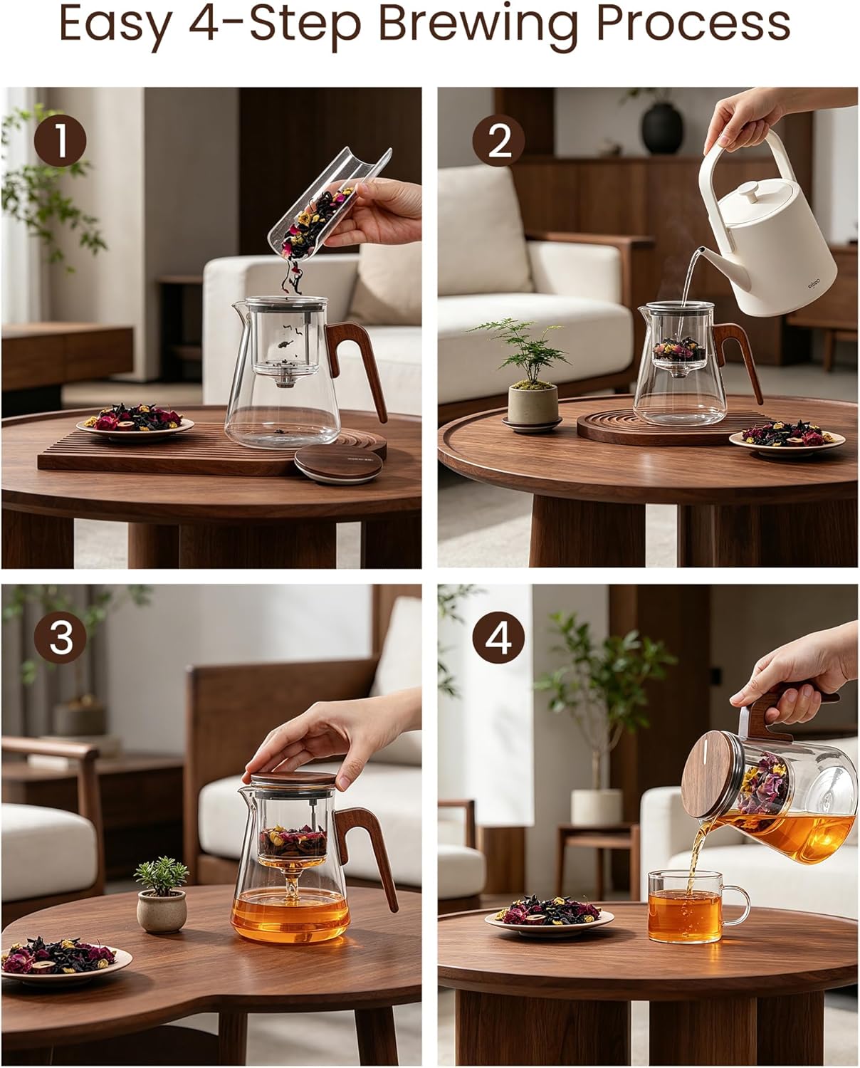 ZENS Magnetic Tea Pot, Enchanted Glass Teapot with Infuser and Magnetic Suction Lid for Mess-Free Loose Tea Diffusers, Walnut Wood Handle, Tea Lovers Gifts