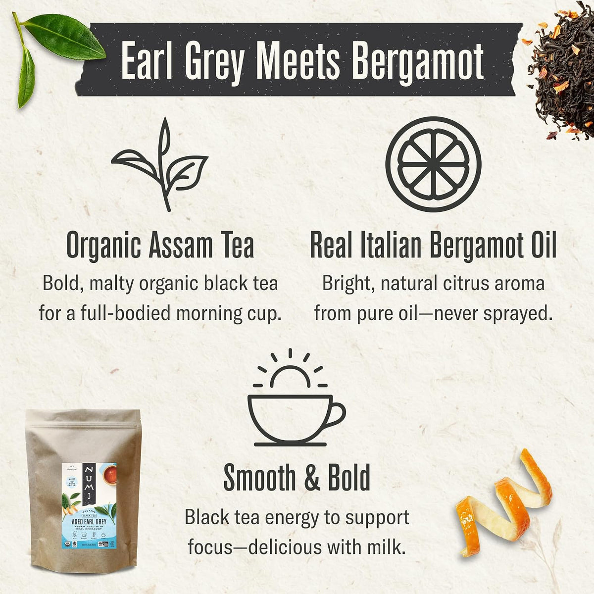 Numi Organic Aged Earl Grey Tea, 1lb Black Loose Leaf with Real Bergamot
