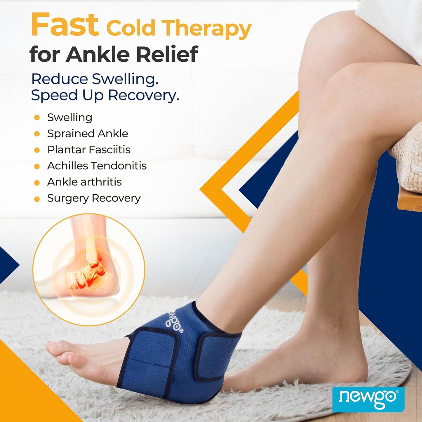 NEWGO Ankle Ice Pack Wrap for Swelling & Pain Relief, Reusable Hot Cold Gel Packs, Adjustable Brace for Plantar Fasciitis, Achilles Tendonitis, Heel Spur, Sprained Injuries - Up to 75kg Men Women