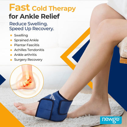 NEWGO Ankle Ice Pack Wrap for Swelling & Pain Relief, Reusable Hot Cold Gel Packs, Adjustable Brace for Plantar Fasciitis, Achilles Tendonitis, Heel Spur, Sprained Injuries - Up to 75kg Men Women
