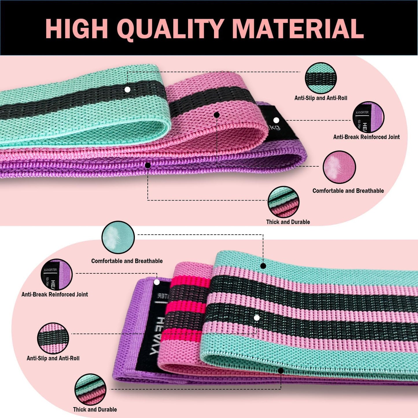 KANGFITER Long and Short Fabric Resistance Bands with Door Anchor, Non-Slip Stretch Booty Bands for Working Out Women & Men, Loop Exercise Elastic Bands for Home Physical Therapy Yoga Pilates