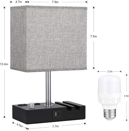Kakanuo Fully Dimmable Nightstand Lamp for Bedroom with USB C Ports, Grey Small Bedside Table Lamp with Charging Outlets and Phone Stands, Wooden Desk Lamp for Living Room, LED Bulb Included