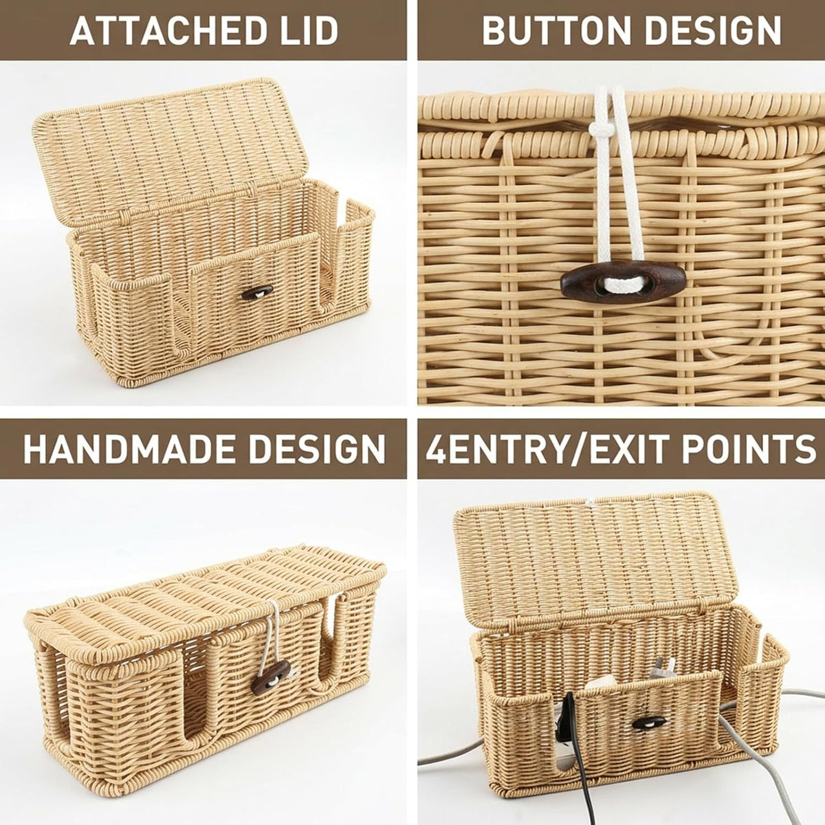 2 Pack Rattan Cable Management Box, Large Cord Organizer Box with Lid Under Desk Router Hider Storage Box with 4 Exits, Wire Box Hider for TV Wires Computer Surge Protector USB Hub Power Strip