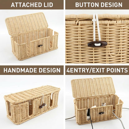 2 Pack Rattan Cable Management Box, Large Cord Organizer Box with Lid Under Desk Router Hider Storage Box with 4 Exits, Wire Box Hider for TV Wires Computer Surge Protector USB Hub Power Strip