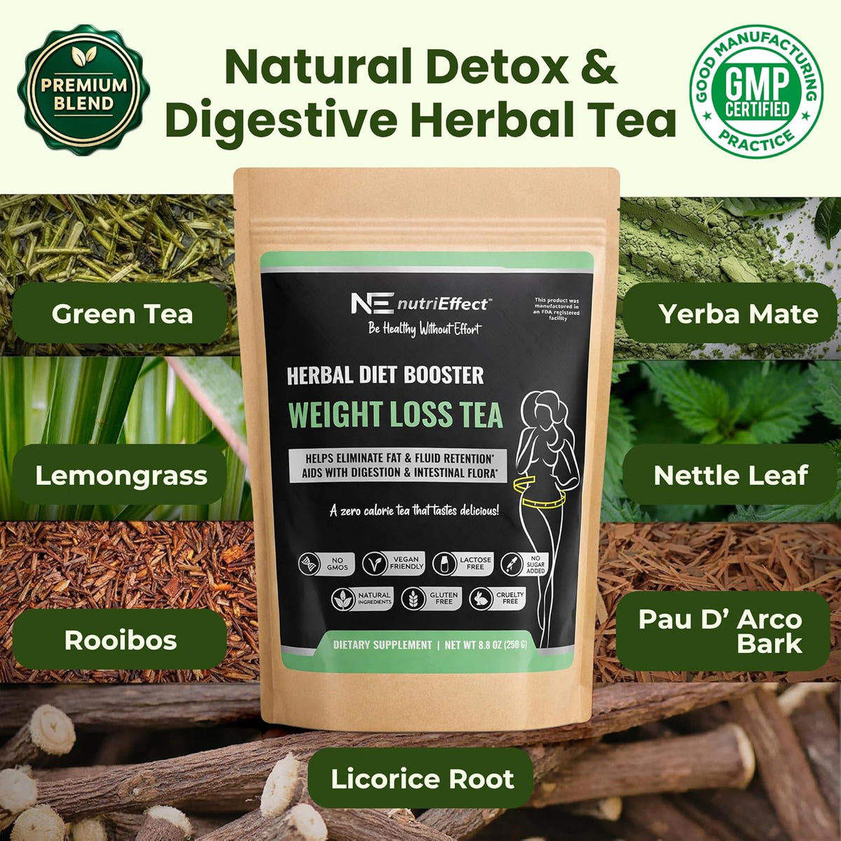 NutriEffect 7-Herb Herbal Tea Blend – Up to 100 Cups | 250g (8.8 oz) Loose Leaf Tea – Rooibos, Yerba Mate & Nettle Blend – Smooth & Naturally Refreshing
