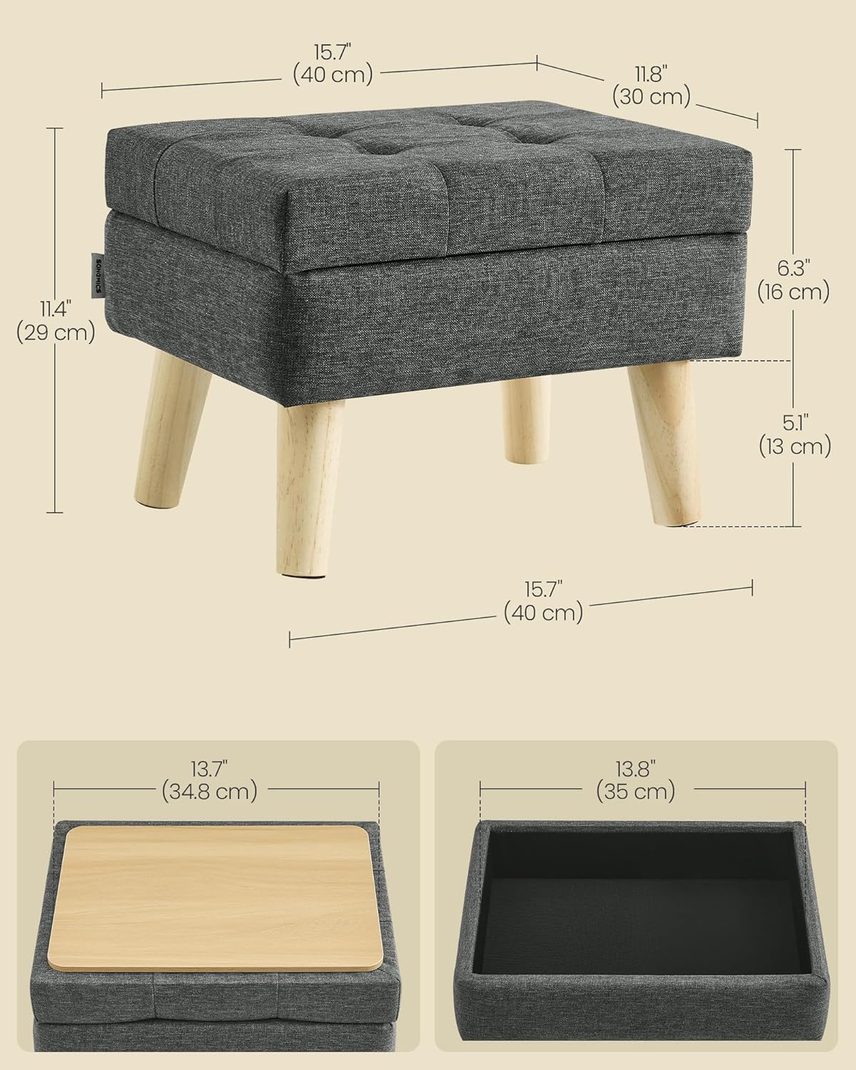 SONGMICS Foot Stool Ottoman, Small Storage Ottoman with Legs, 15.7 Inches