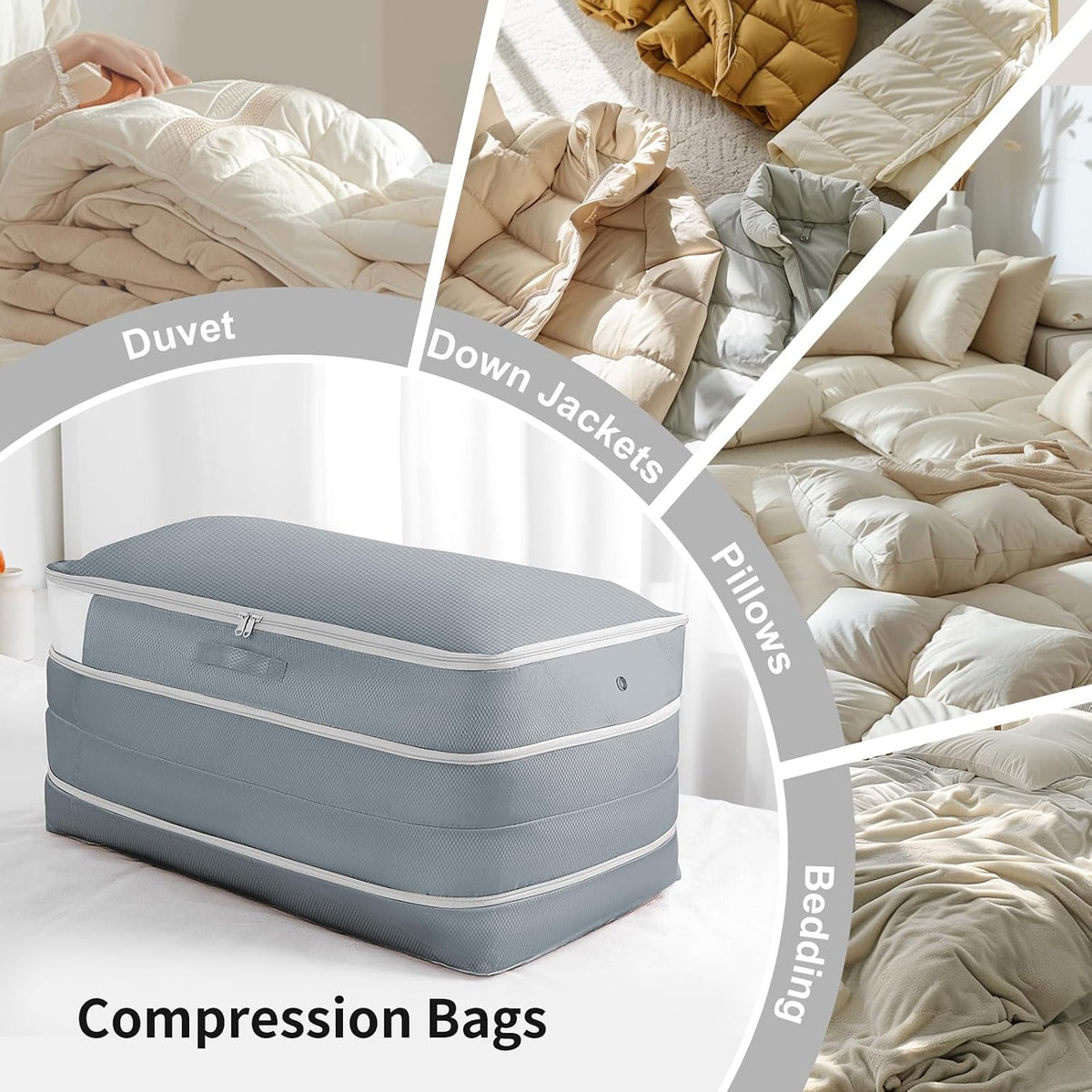 Comforter Storage Bag - Large Capacity Bedding Storage Bags Ultra Space Saving Self Compression Organizer, Washable Compression Bags for Storage Comforter Blanket Duvet Pillow, Beige