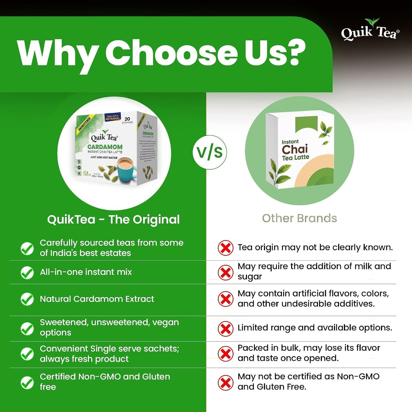 QuikTea Instant Cardamom Chai Tea Latte Unsweetened, 20 Single-Serve Sachets, Artisanal Indian Chai Latte Mix, Just Add Hot Water, Low Caffeine, Non-GMO, Gluten Free