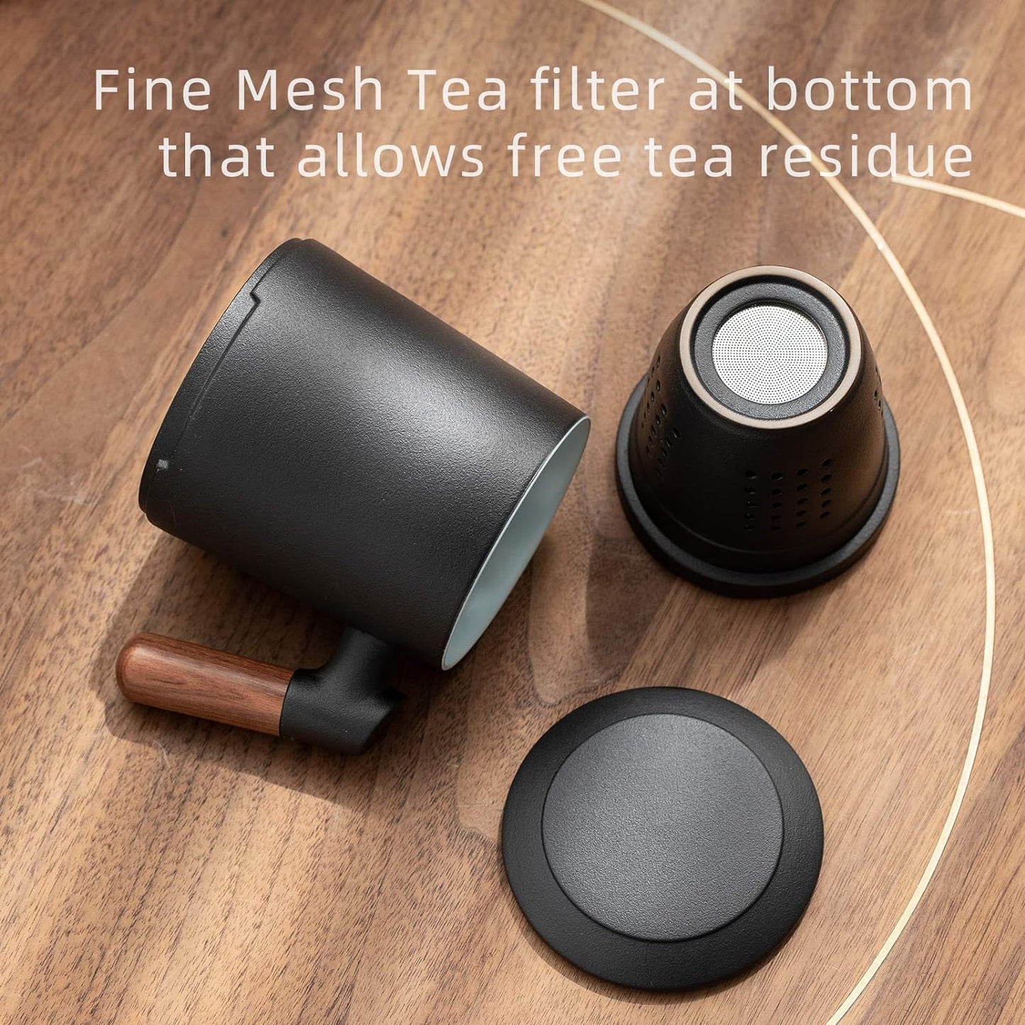 ZENS Embossed Ceramic Tea Mug with Infuser and Lid, 14.5 oz Wooden Handle, Loose Leaf Tea Steeper Cup & Strainer for Tea Lovers Gifts