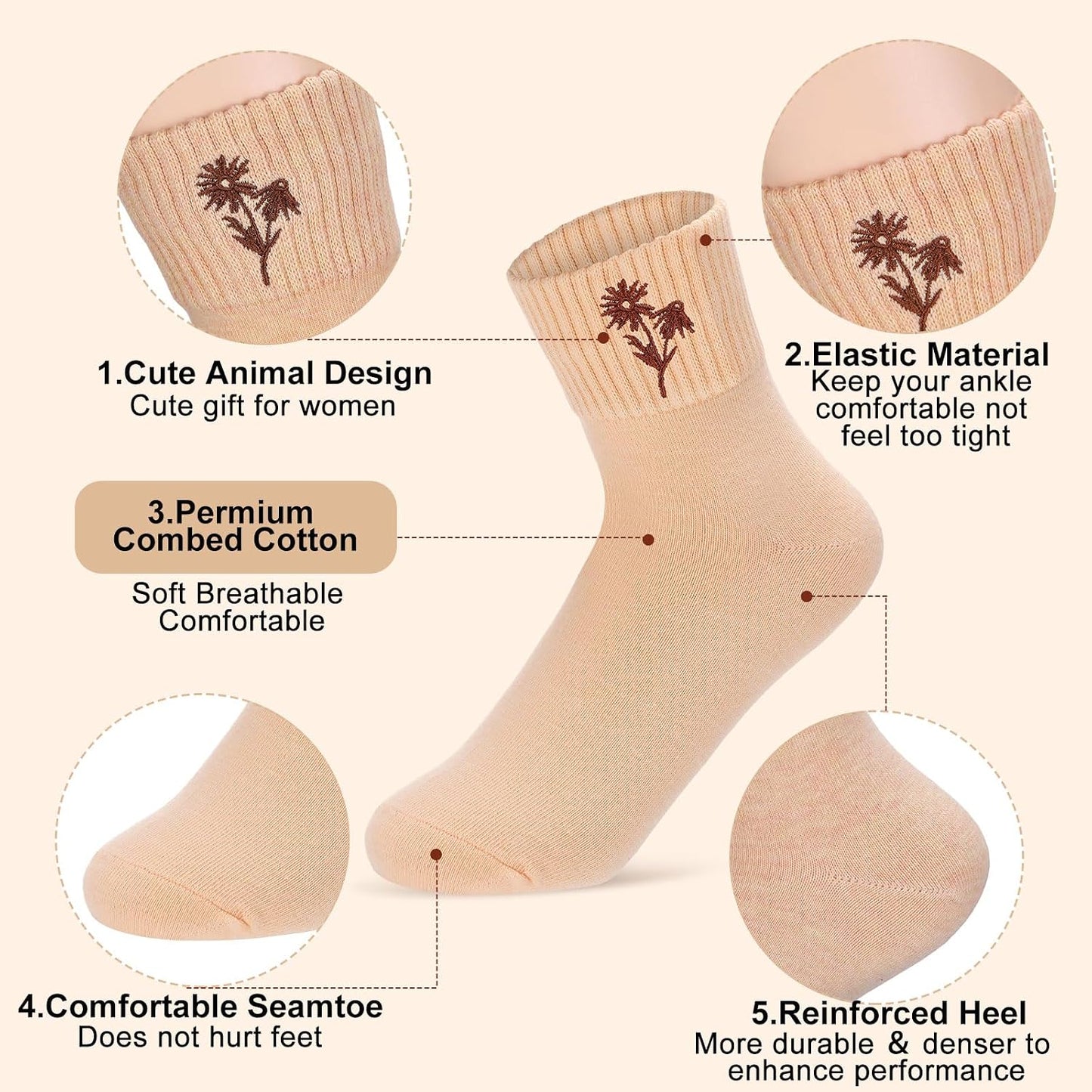 Eurzom 10 Pairs Socks Womens Crew Elastic Ankle Length Cotton Socks Aesthetic Cute Lightweight Low Cut Gifts for Women - Colors A
