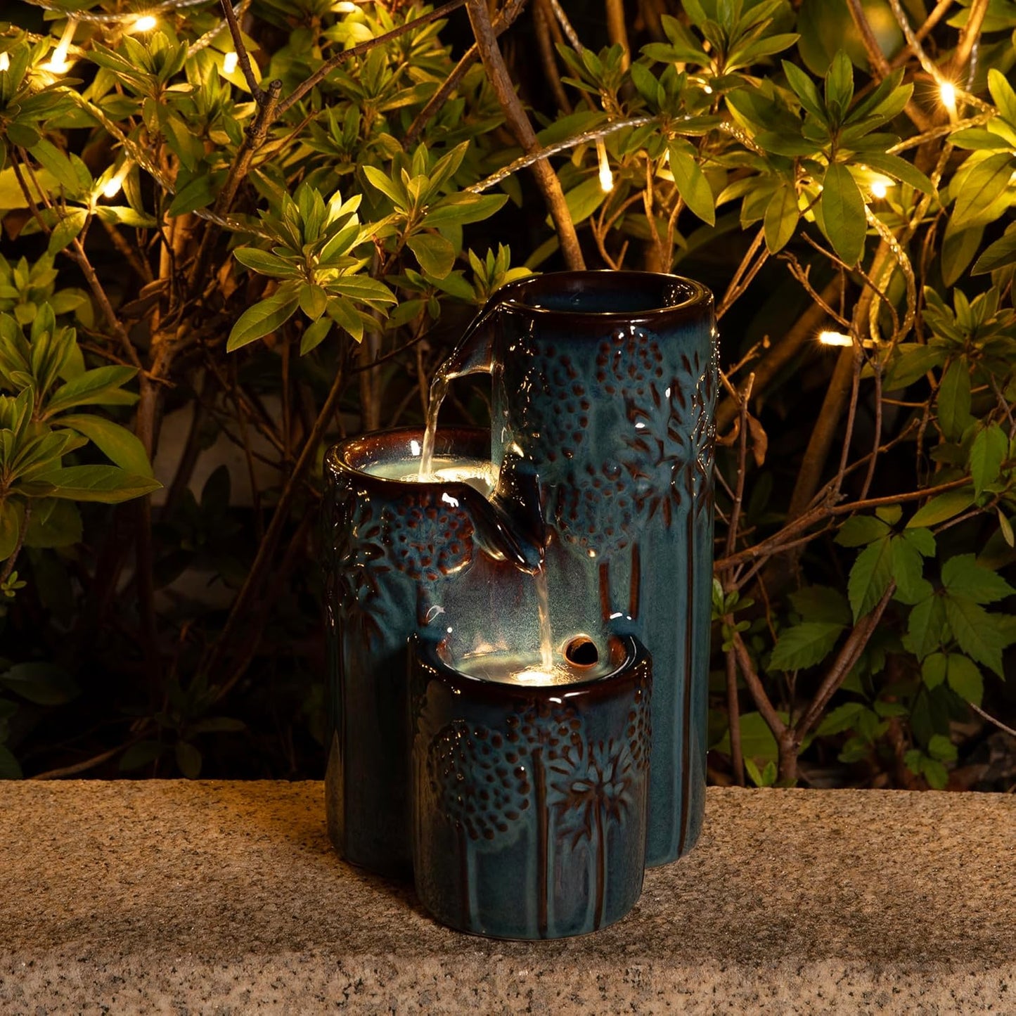Glitzhome Ceramic Tabletop Tiered Water Fountain with Pump and LED Light 8.75'' Turquoise Leaf Textured Water Fountain Zen Decor for Indoor and Home Decoration Table Desk Office Patio