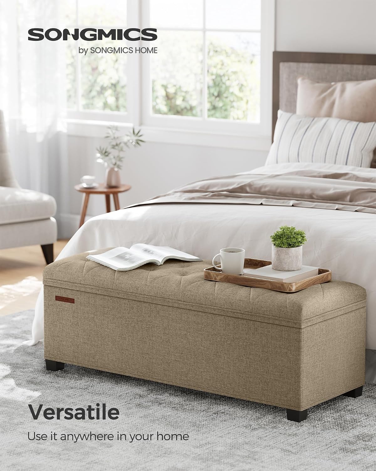 SONGMICS Storage Ottoman Bench, Foot Rest with Legs, 15.7 x 43.3 x 15.7 Inches, End of Bed Bench, Storage Chest, Load up to 660 lb, for Living Room, Bedroom, Entryway, Dark Gray ULSF088G01