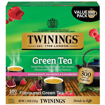 Twinings Green Tea with Pomegranate, Raspberry, & Strawberry Individually Wrapped Bags, 100 Count (Pack of 1), Caffeinated, Enjoy Hot or Iced, 100 Teabags