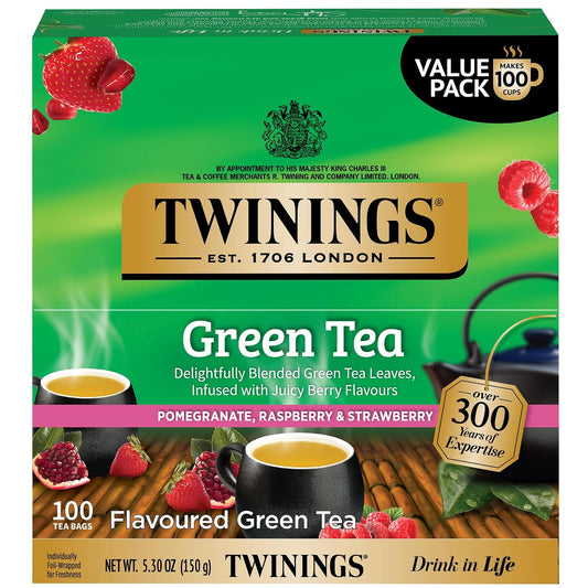 Twinings Green Tea with Pomegranate, Raspberry, & Strawberry Individually Wrapped Bags, 100 Count (Pack of 1), Caffeinated, Enjoy Hot or Iced, 100 Teabags