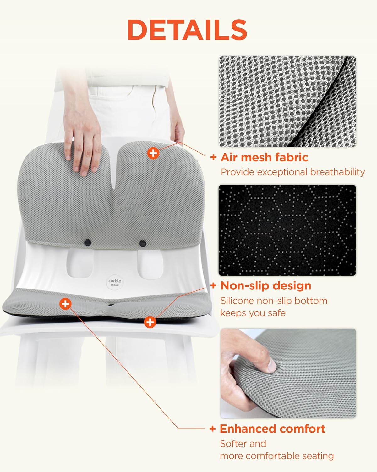 curble Grand– Extra Wide Ergonomic Seat Support, Sit Straighter Without Effort, Passive Posture Trainer for Office, Home & Car (Grey)