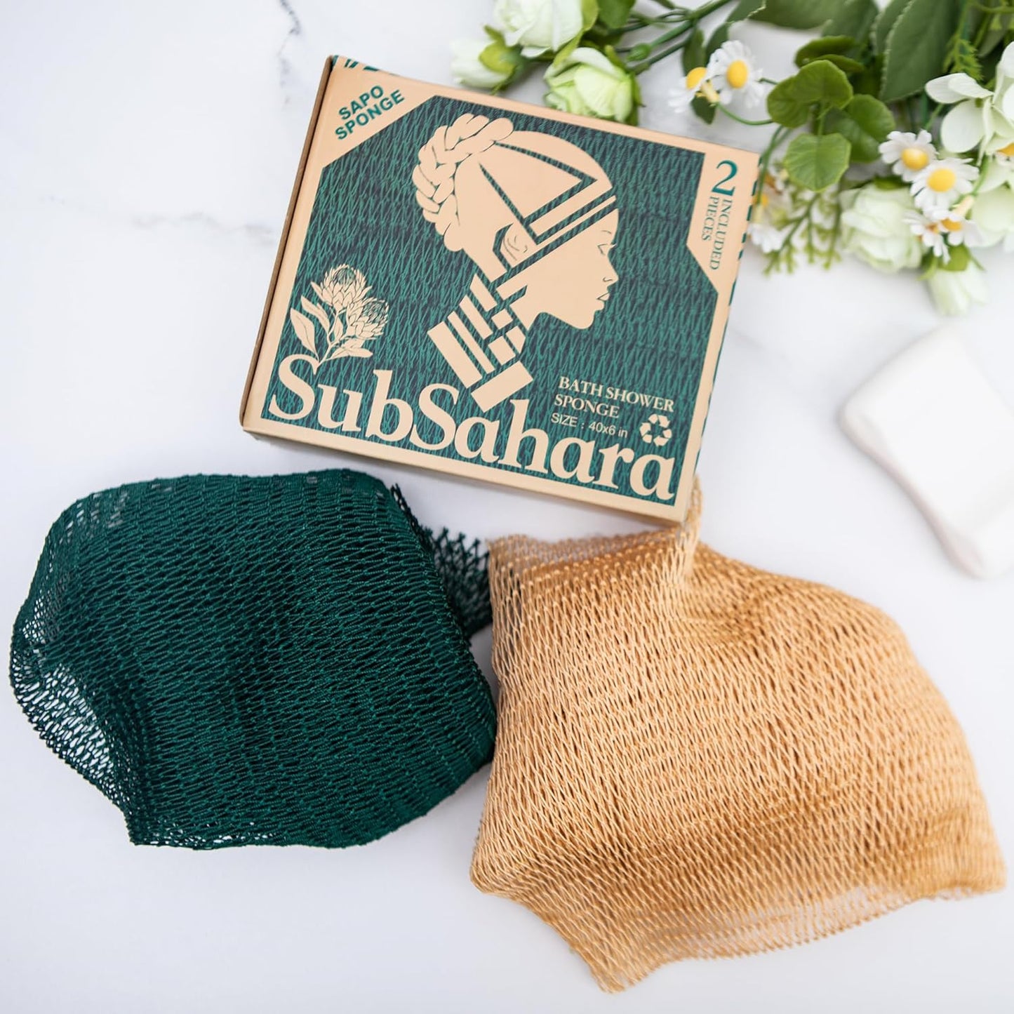 SubSahara Authentic African Net Sponge - 2 Pack Exfoliating Bath & Shower Loofah Sponge for Body & Face, Gentle Scrubber for All Skin Types, Travel, Durable Polyester (Olive Green & Light Green)