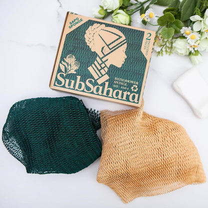 SubSahara Authentic African Net Sponge - 2 Pack Exfoliating Bath & Shower Loofah Sponge for Body & Face, Gentle Scrubber for All Skin Types, Travel, Durable Polyester (Olive Green & Light Green)