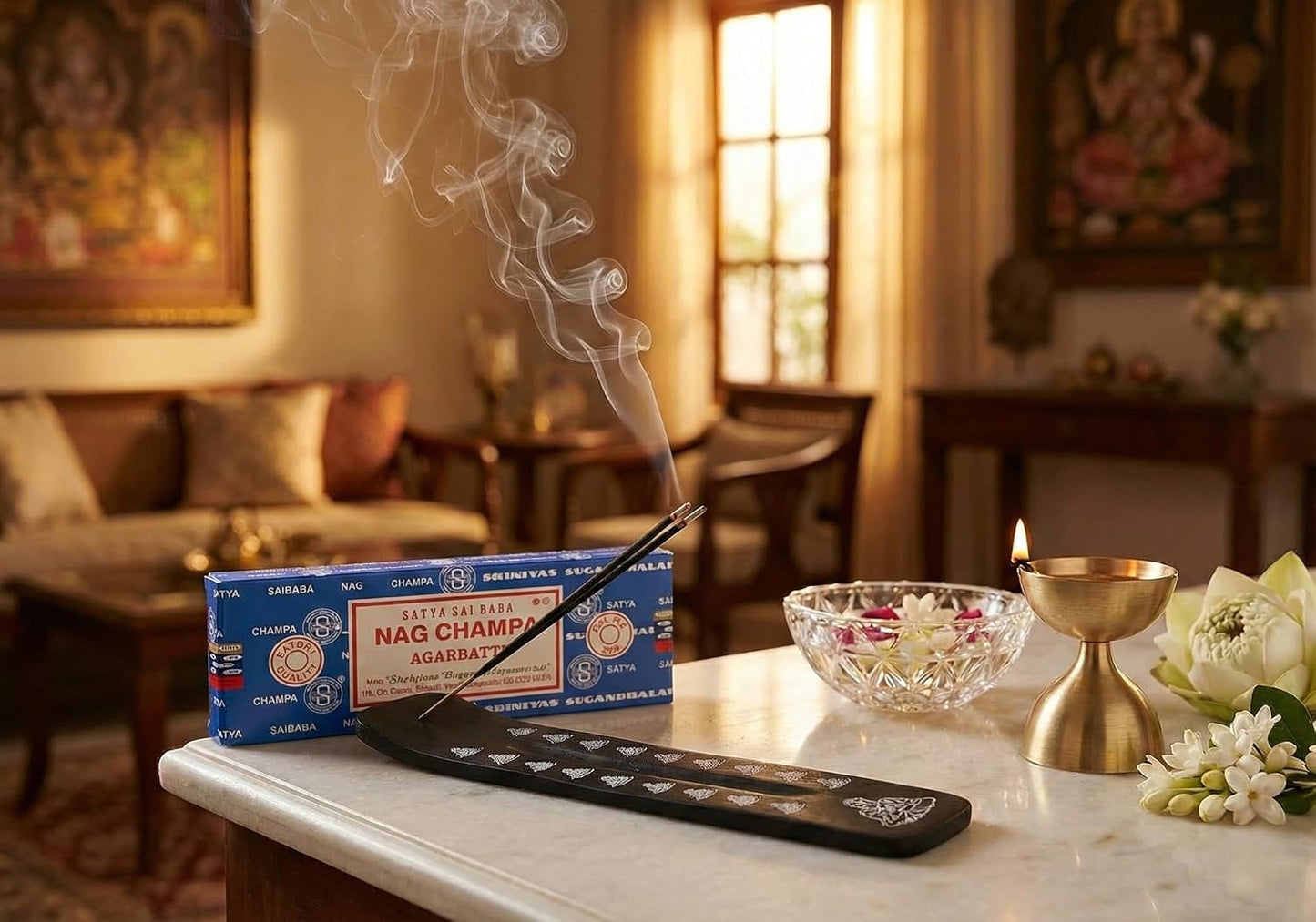Incense Sticks Variety Pack with Wooden Holder | Nag Champa, Rose, Lavender, White Sage, Frankincense, Palo Santo & Sandalwood | Hand-Rolled Masala Incense
