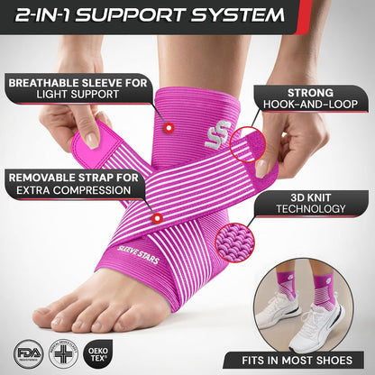 Sleeve Stars Ankle Brace for Women & Men, Ankle Wrap for Sprain, Compression Sleeve for Plantar Fasciitis Relief, Easy Customizable Support: w/ Removable Strap (Single/M:10"-12"/Black)