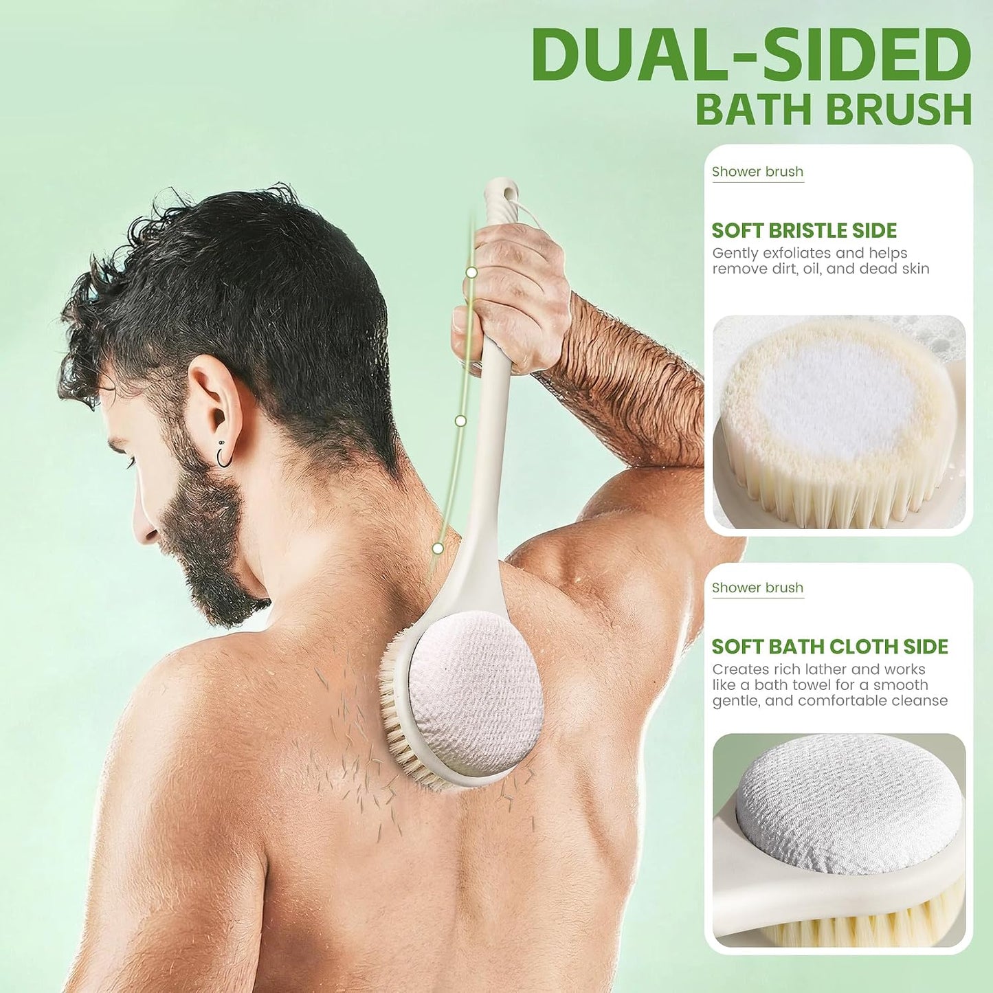 Back Scrubber for Shower, 15.7" Loofah with Handle, Back Shower Brush with Bristles and Loofah, Dry Brushing Body Brush for Cleanse Back and Hard to Reach Areas with Curved Long Handle