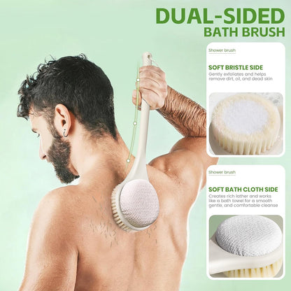 Back Scrubber for Shower, 15.7" Loofah with Handle, Back Shower Brush with Bristles and Loofah, Dry Brushing Body Brush for Cleanse Back and Hard to Reach Areas with Curved Long Handle