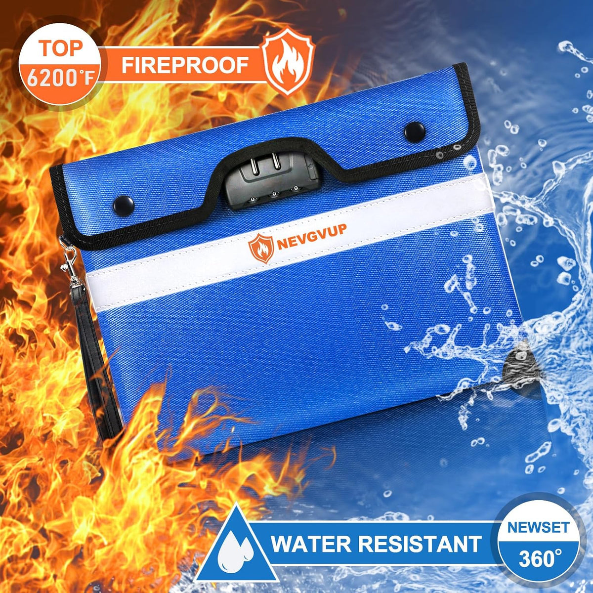 Upgraded 6200°F Fireproof Document Bag with Lock, Fire proof Money Bag for Cash with Zipper/Reflective Strip, 9 Layer of Heat Insulated Material, Water Resistant Fireproof Bags for Documents,Safe Bags