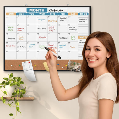 Monthly Calendar Dry Erase Board 16x12 Inch, Double-Sided Whiteboard and Corkboard Combo, Wall Mounted Planner Organizer with Markers, Magnets, Push Pins, Eraser, for Home Office School