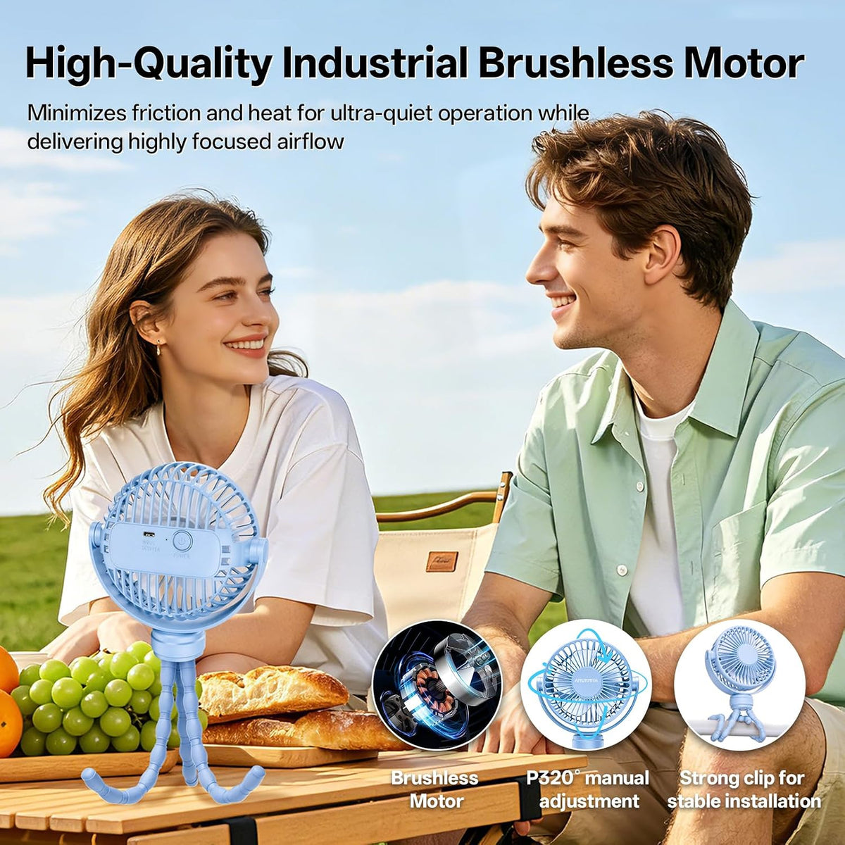 Portable Mini Stroller Fan for Car Desk Treadmill Golf Cart Blue