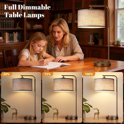 Innqoo Bedside Table Lamps for Bedroom Set of 2-Dimmable Nightstand Lamps with USB Port and Outlet,Modern Gold Lamps with Linen Shade,Tall Desk Lamps for Home Office Bedroom Living Room End Table