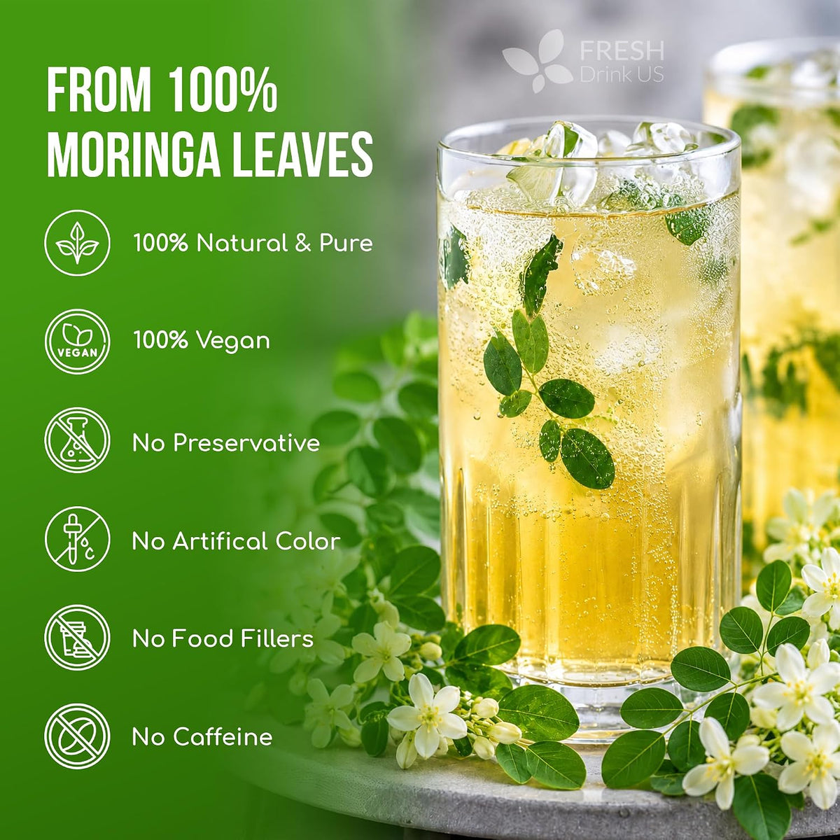 FreshDrinkUS, Premium 75 Moringa Tea Bags, 100% Natural & Pure, Herbal Tea, Made with Natural Materials-Corn Fiber Tea Bags, Sugar/Gluten Free. Rich in Antioxidants and Vitamins.