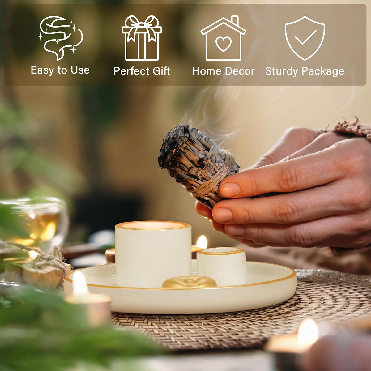 ZenBless Multifunction Incense and Candle Holder for Burning Sage, Palo Santo, Incense Sticks - 5.9" Ceramic Ash Catcher Tray for Meditation Room Home Decor Spritual Gifts (Gold)