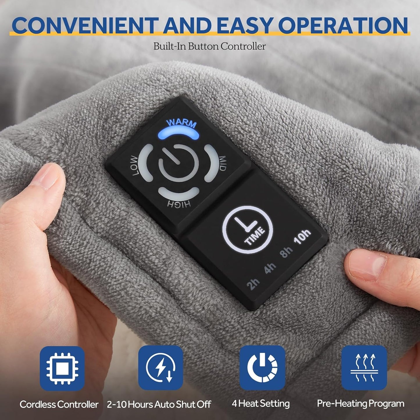 Sealy Heated Blanket Throw with Built-in Button Controller, Reversible Flannel to Sherpa Electric Blanket with 2-10 Hours Auto-Off & 4 Heating Levels, Over-Heat Protection, 50x60 inch, Beige