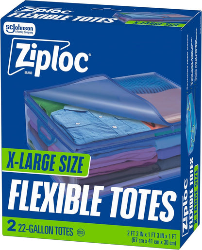 Ziploc Flexible Totes, 22 Gallon X-Large Storage Bags with Zipper, 2 Count