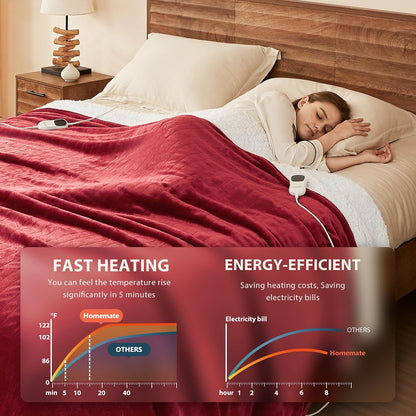 Homemate Heated Blanket Electric Throw - 50"x60" Heating Blanket Throw 1/2/4/6/8 Hours Auto-Off 10 Heat Level Over-Heat Protection Flannel Sherpa ETL Certification