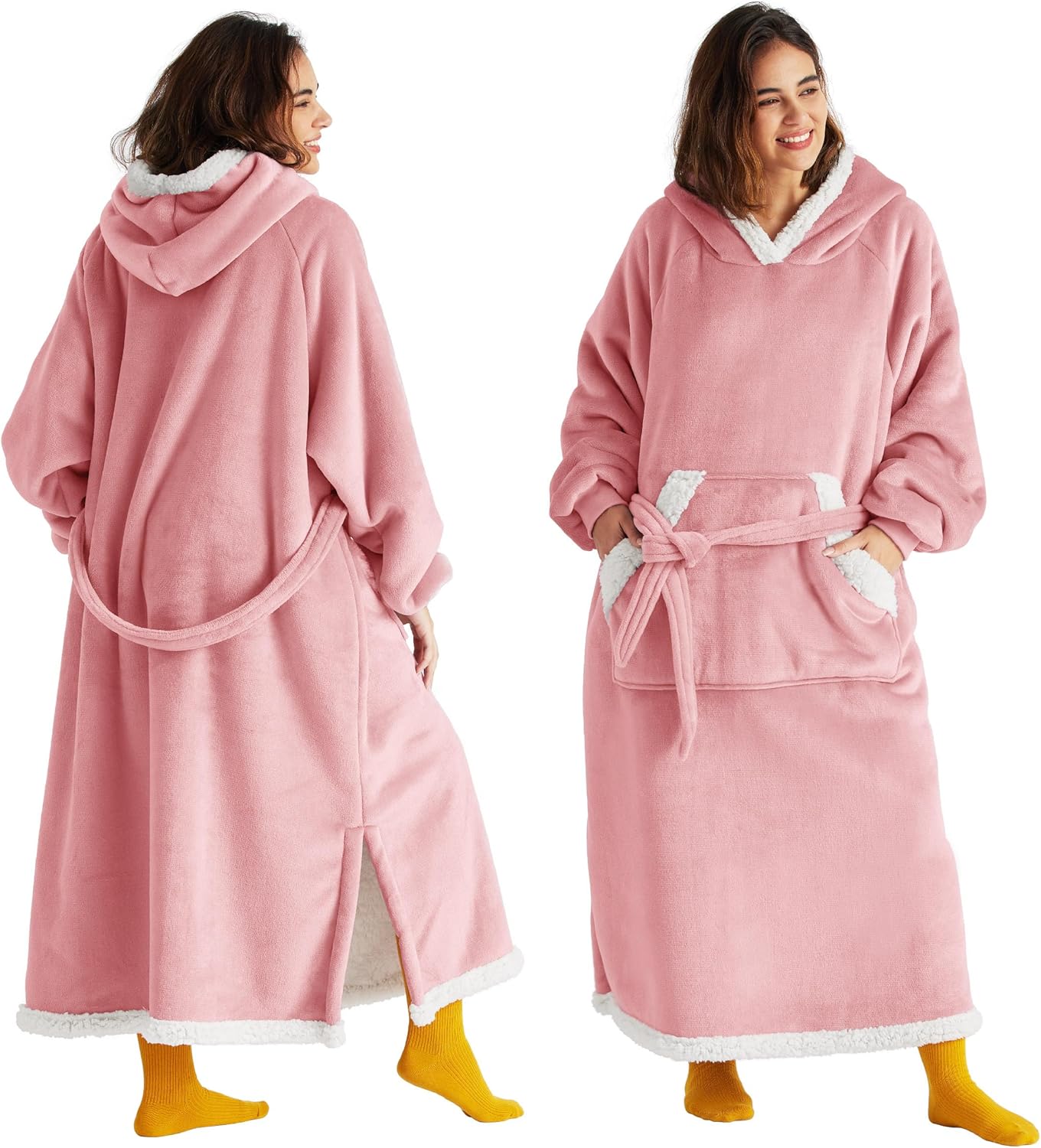 Bedsure Wearable Blanket Hoodie, Long Hooded Blanket Sweatshirt as Mothers Birthday Gifts for Women, Cozy Sherpa Hoodie for Adult, Standard, Grey