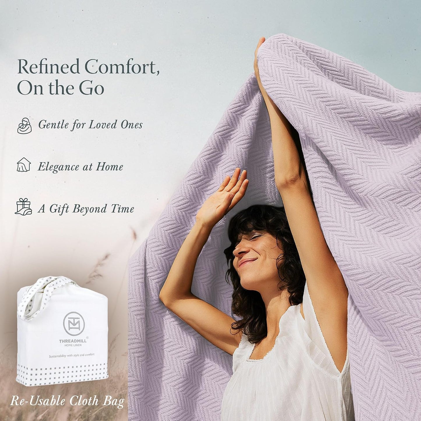 Threadmill Travel Blanket Cotton Viscose from Bamboo - Airplane Premium Soft Flight Grey Throw Blanket in Cloth Bag (Grey Color) Compact & Portable Blanket for Travel, Car, Picnic & Camping
