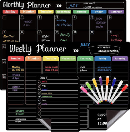 Hivillexun Magnetic Black Dry Erase Calendar White Board Set (3-Pack) - Monthly, Weekly Planners & Daily Notepad for Fridge, Home & Office, Includes 8 Markers