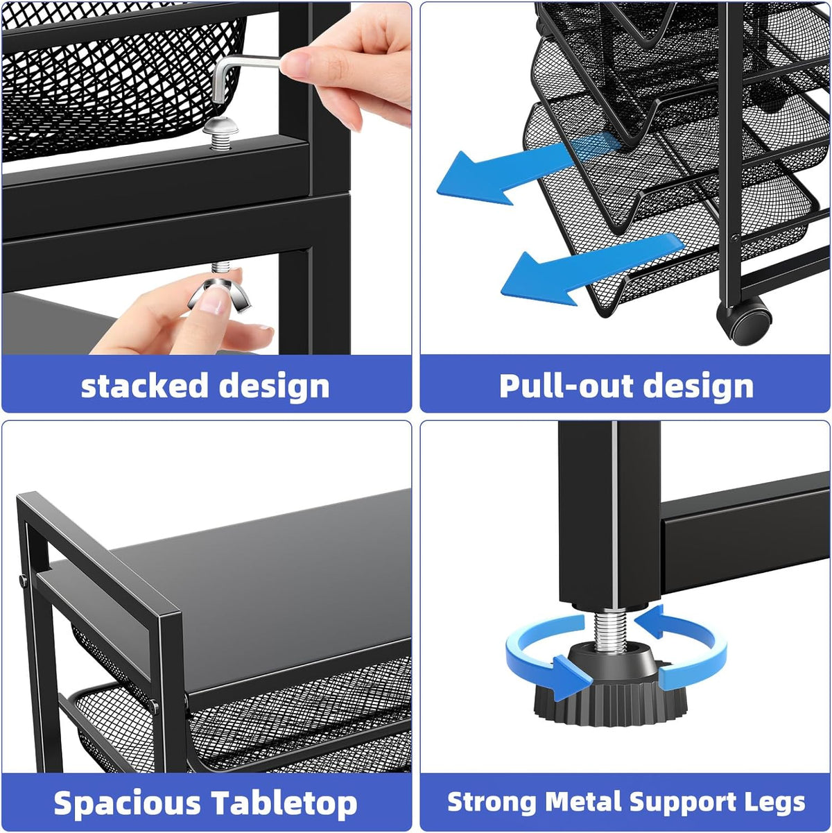 Simple Trending 12-Tier Rolling File Cart, Desk File Organizer with 11 Mesh Sliding Trays, Letter & Legal Paper Storage Rolling Utility Cart for Office Home School, Black