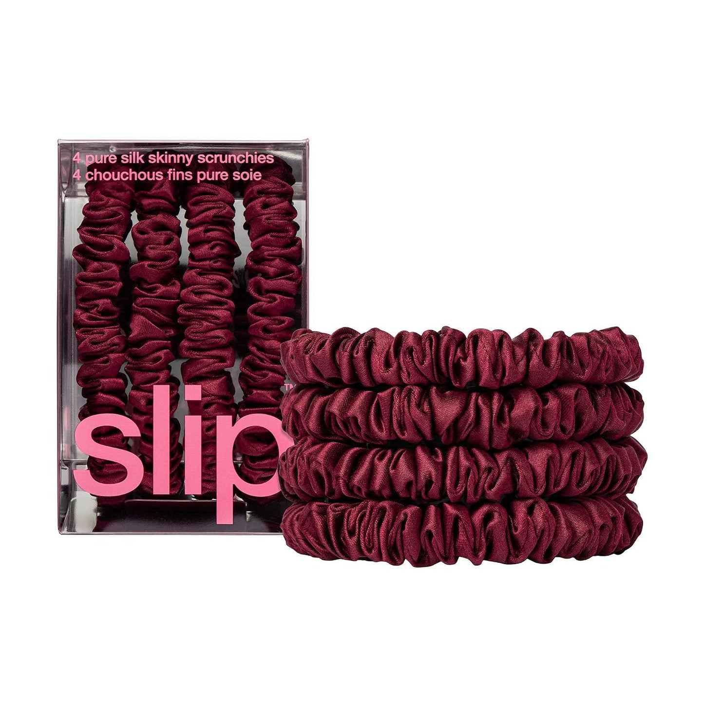 Slip Silk Hair Ties — Skinny Silk Black Scrunchies, No Damage, No Crease, Anti-Breakage |100% Mulberry Silk | All Hair Types | Made with Proprietary Slipsilk™ | Set of 4
