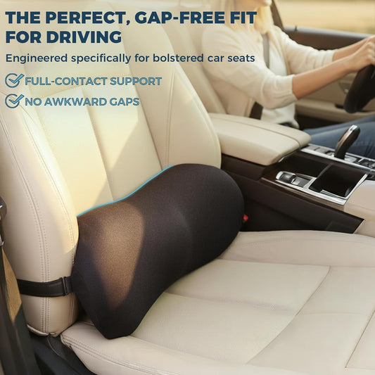 Lumbar Support Pillow for Car with Dual-Grip Stability System - Advanced Adaptive Memory Foam Back Pillow for Lower Back Pain Relief, Ergonomic Driving Seat & Office Chair Cushion, Black