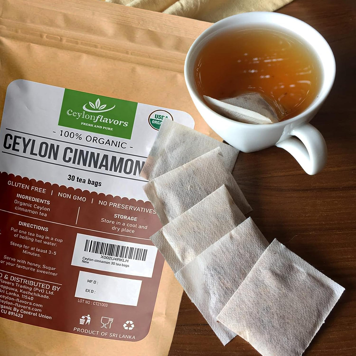 Ceylon Flavors Fresh and Pure Organic Ceylon Cinnamon, 30 Tea Bags, 100% Plant-Based Food-Grade Tea Bags, From Sri Lanka, USDA Certified Organic