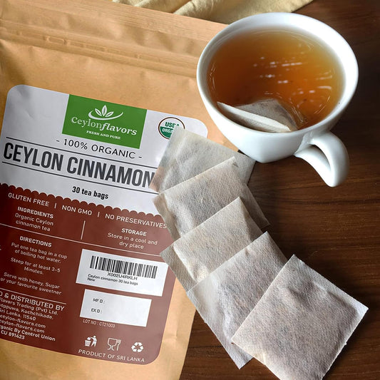 Ceylon Flavors Fresh and Pure Organic Ceylon Cinnamon, 30 Tea Bags, 100% Plant-Based Food-Grade Tea Bags, From Sri Lanka, USDA Certified Organic