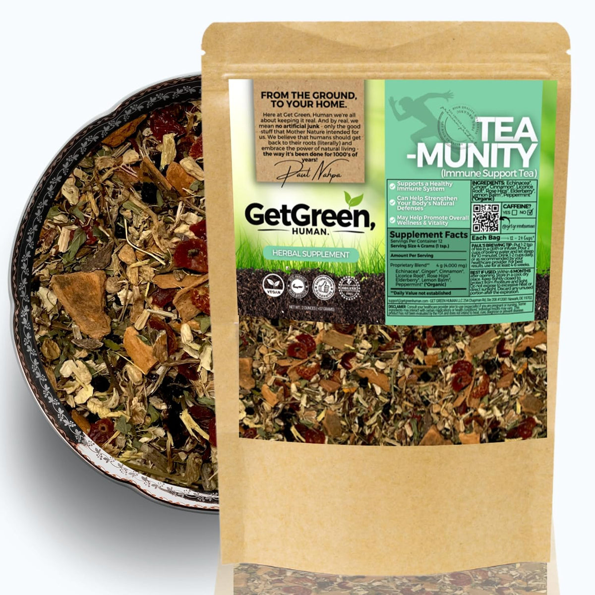 Healthy Immunity and Defense Loose Leaf Tea w/ Echinacea, Elderberry, Lemon Balm | Organic Herbal Tea | 2 oz (57 gram) | Decaf, Vegan, Healthy, ZERO Caffeine, Organic, Herbs, No Natural or Artificial Flavors, Resealable Bag | Tea-Munity by Get Green,