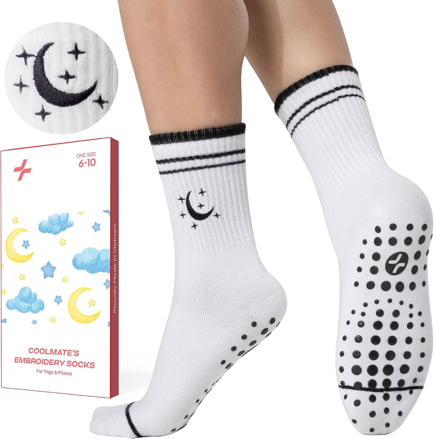 COOLMATE Pilates Socks with Grips for Women, Yoga Socks, Crew Non Slip Women for Barre, Pilates Gifts for Women - Colors B