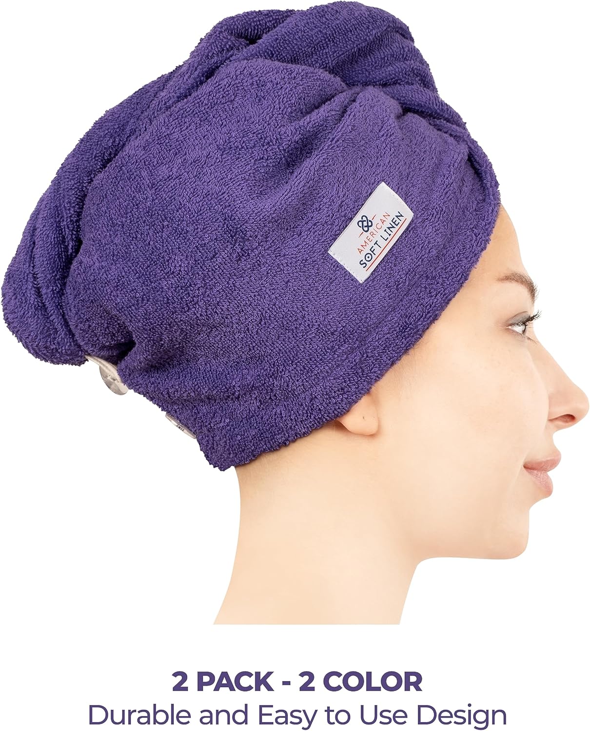 American Soft Linen 100% Cotton Hair Towels for Women, Head Towel Cap, Cotton Hair Turban Towel Wrap for Long Curly Anti Frizz Hair, Soft and Absorbent Cotton Hair Towels 2 Pack, White