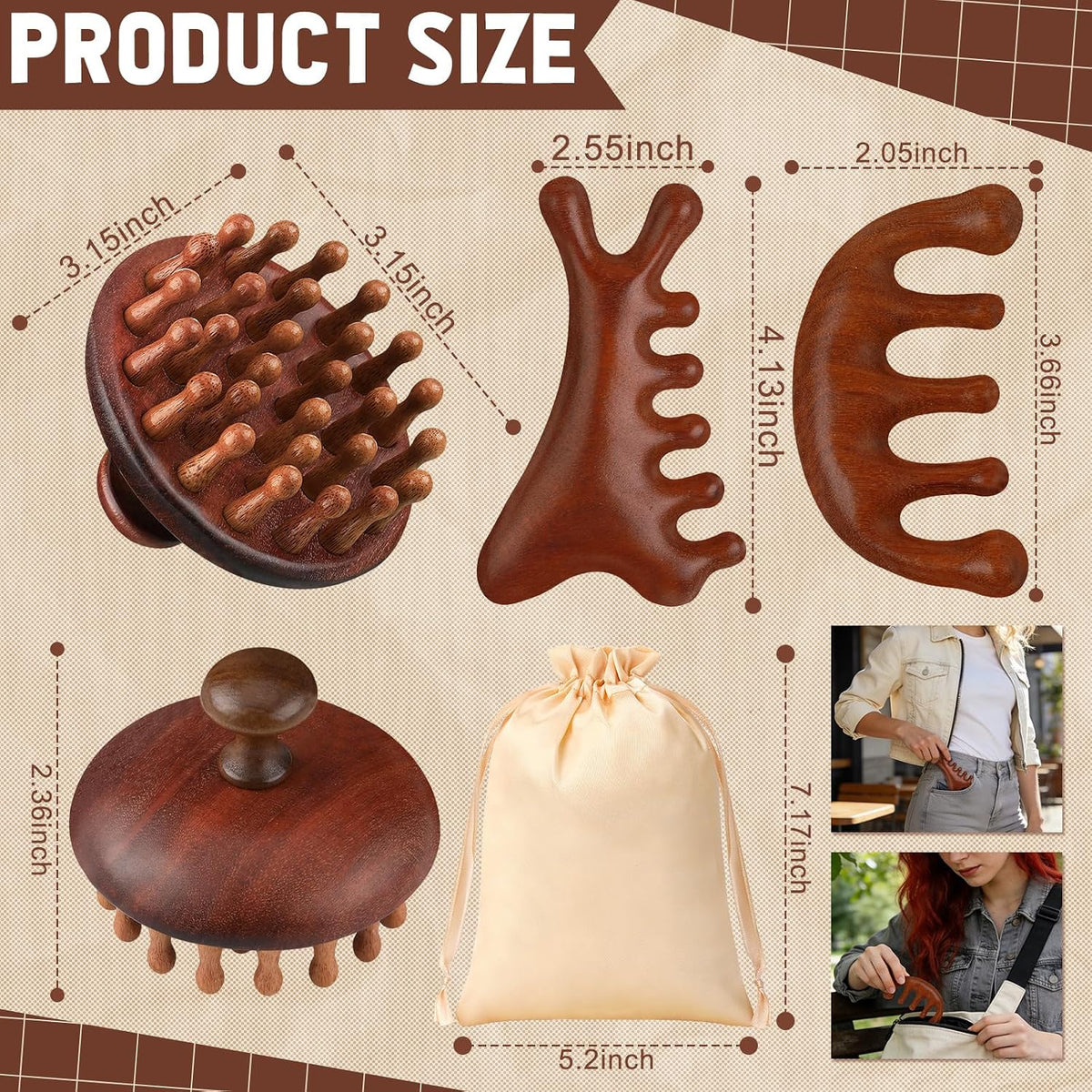 ProSuites 3 Pcs Wooden Head Scalp Massager Comb, Head Massage Tool for Relaxation Hair Gua Sha Comb