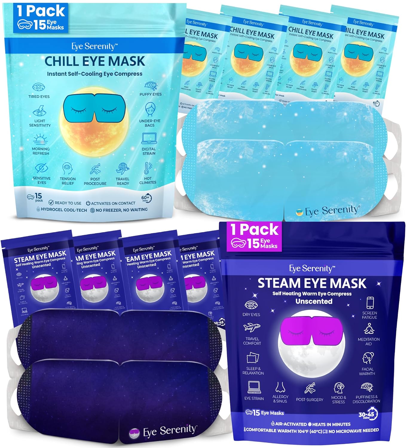 Eye Serenity Steam Eye Mask, Heated Eye Mask, Self Heating Warm Compress for Dry Eyes, Fast Relief for Stye, Puffy Sensitive Eyes, Moist Heat, Gift for Women and Men - Unscented