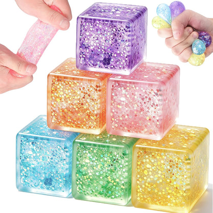 6 Pack Ice Cube Squishy Stress Balls, Glitter Fidget Cube Squeeze Toys for Kids Adults, Slow Rising Sparkly Sensory Squish Blocks, Party Favors, Goodie Bag Fillers