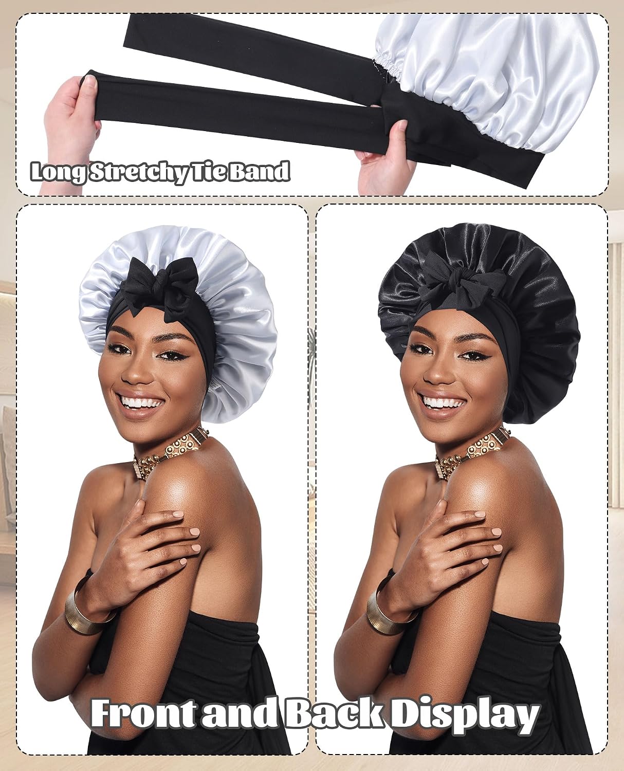 Satin Bonnet for Sleeping Cap Double Layer Hair Bonnet with Elastic Tie Band for Curly Hair Night Cap (Bean Paste + Pink)
