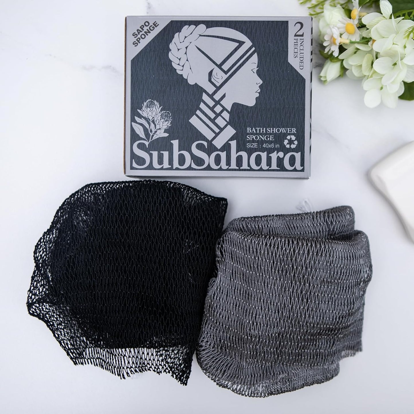 SubSahara Authentic African Net Sponge - 2 Pack Exfoliating Bath & Shower Loofah Sponge for Body & Face, Gentle Scrubber for All Skin Types, Travel, Durable Polyester (Olive Green & Light Green)